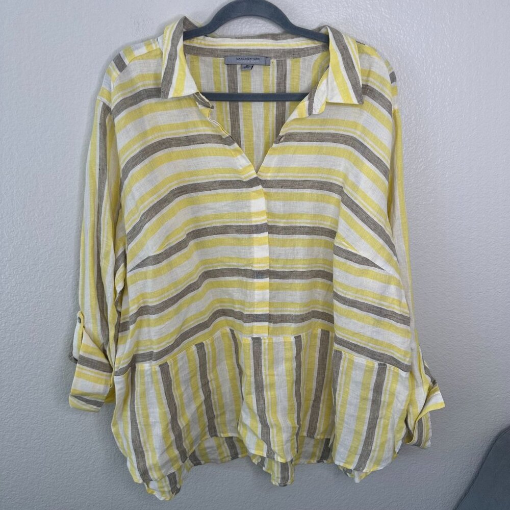 Marc New York Stripe 100% Linen Blouse 2X Yellow Lightweight Roll Tab Sleeves